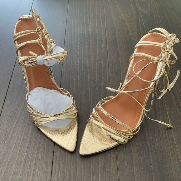NWT size 7- ASOS Design Nandi Gold strappy High Heels in Gold Snake Skin - Picture 3 of 8